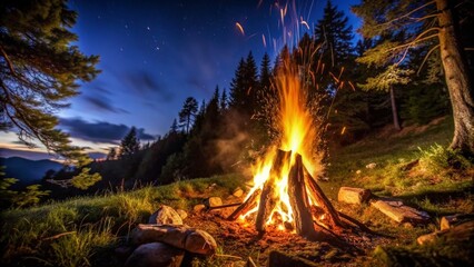 Fototapeta premium Burning campfire on a dark night in a forest. The bonfire burns in the forest. camp fire in the autumn during vacation in the mountains. Beautiful landscape of nature and trees. Sparks and flames