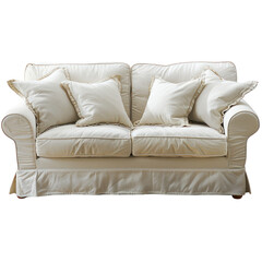 Fototapeta premium A white fabric sofa with three pillows, isolated on a white background.
