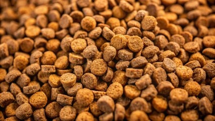 Food for animals background. Dry cat and dog food texture, pattern. Pet meal background close up. Dry food for pet dogs and cats. Dried pet food top view. Granules of good nutrition for dogs and cats.