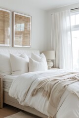 Fototapeta premium Calming and minimalist bedroom with a platform bed featuring a plush white comforter and textured throw pillows