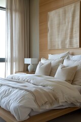 Calming and minimalist bedroom with a platform bed featuring a plush white comforter and textured throw pillows