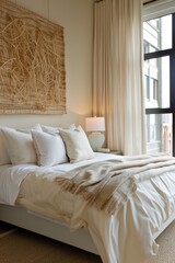 Calming and minimalist bedroom with a platform bed featuring a plush white comforter and textured throw pillows