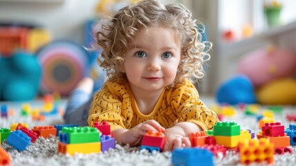 Joy radiates from a young child as she happily explores bright, multicolored building blocks, amidst a playful mess of scattered toys, lying on her stomach with a wide smile.
