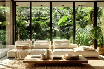 Fototapeta premium Sunlit Living Room with Garden Oasis, Spacious Living Room with Garden View
