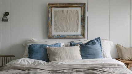Distressed Frame Above Tranquil Blue Coastal Bed