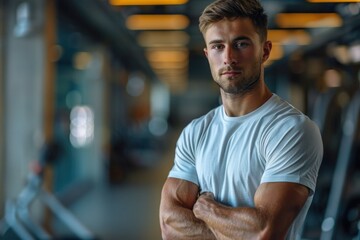 Obraz premium A fitness enthusiast displays his sporty yet stylish outfit in a gym. He is wearing a moisture-wicking t-shirt, athletic shorts, and running shoes. His short, neat haircut and well-maintained stubble