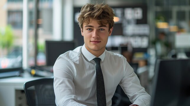 A young professional is seen at his desk in a modern office. He is dressed in a fitted dress shirt, a slim tie, and tailored trousers. His hair is neatly combed, and his clean-shaven face exudes