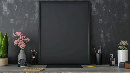 Modern workplace with blank blackboard, stationery and decorations on wooden table