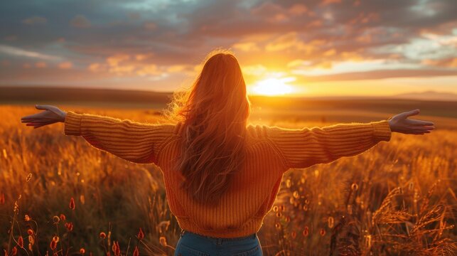 A close-up of woman stands in a field at sunset, arms outstretched in a joyful pose, embracing the warm, golden light of the sun as it sets over the horizon.
