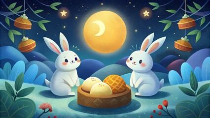 Naklejka premium Lovely Rabbits Enjoying Mooncakes with Happy Mid-Autumn Festival Greeting in Chinese. Perfect for: festival greetings, holiday cards, cultural celebration promotions, Mid-Autumn Festival artwork.