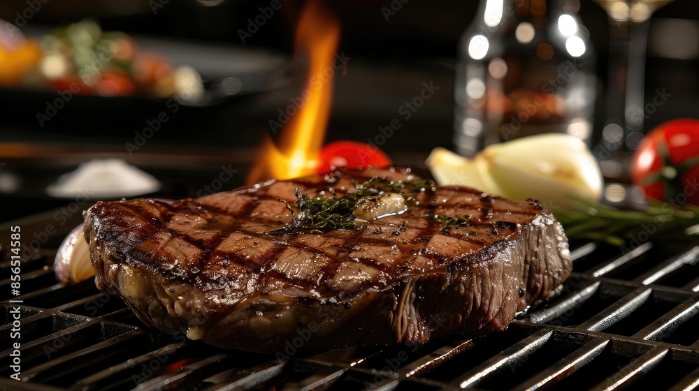 Wall mural juicy, grilled steak with perfect grill marks, garnished with herb butter, served on a sizzling hot 