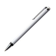 A white pen isolated on a black background.  The pen is lying on its side, with the tip pointing to the left. The pen is a classic design, with a silver clip and a white body.