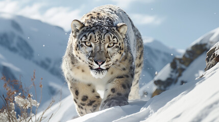 Fototapeta premium Snow leopard stealthily moving through a snowy mountain terrain. Its fur blends perfectly with the surroundings and its eyes are piercing and alert.