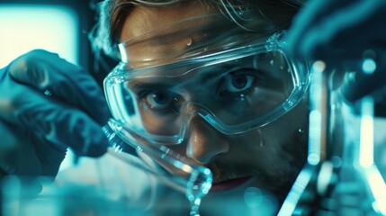 Scientific Precision: A scientist in safety gear pours liquid meticulously, eyes fixed on the experiment, the scene bathed in blue tint, showcasing meticulous lab work.
