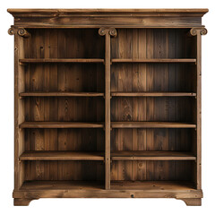 Rustic wooden bookcase with ornate detailing and multiple shelves.  Perfect for displaying books, decor, or showcasing your personal style.