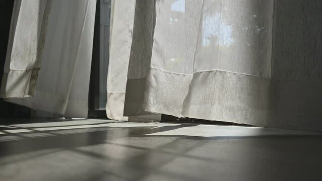 The curtains are moving, window, white fabric
