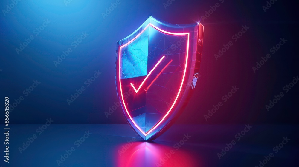 Poster 3d rendering blue and red glowing shield with check marks on futuristic blue background. generative 
