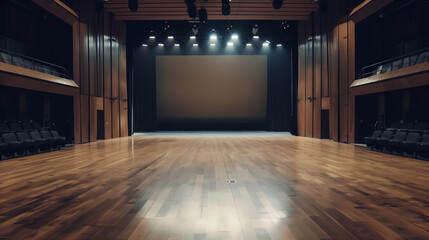 Fototapeta premium An empty auditorium stage with a polished wooden floor and a screen at the back. The stage is illuminated by spotlights and the room is empty