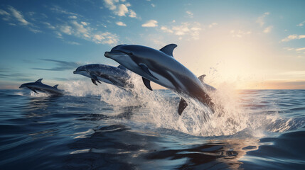 Fototapeta premium Pod of dolphins leaping out of Deep blue ocean with a hint of a distant shoreline