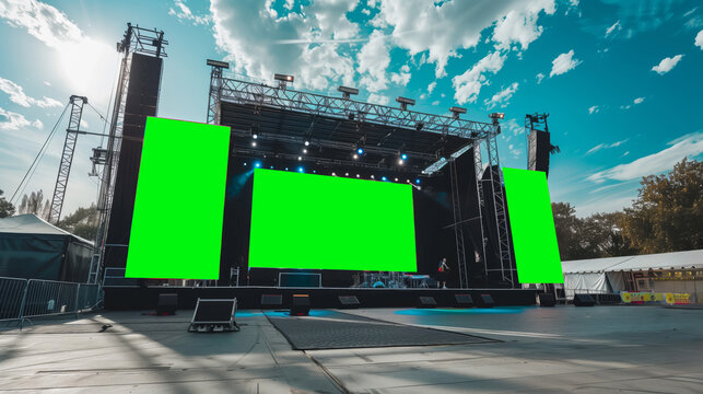 An empty outdoor festival stage with three large green screen displays on the back. The stage is set up with speakers, lights, and a drum set. The sky is blue with white clouds