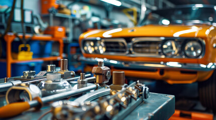 A close-up shot of a classic car assembly line in a workshop. The car is in the background, out of focus, and the image focuses on the tools and equipment being used to assemble the car