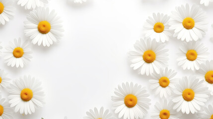 A close-up shot of white daisies arranged around the edges of a bright white background, creating a beautiful floral border