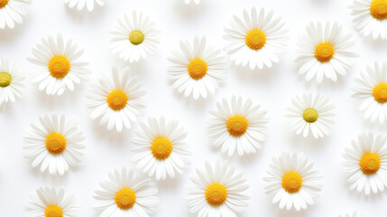 A flat lay photograph featuring white daisies with yellow centers scattered across a white background. The delicate shadows of the flowers create a subtle pattern