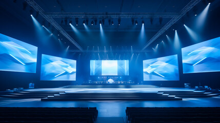 An empty stage with a large screen setup at a modern conference venue. The stage is lit with spotlights, and there are chairs in the audience area