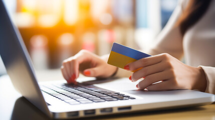 Close-up of a womans hands holding a credit card and typing on a laptop, likely making an online purchase