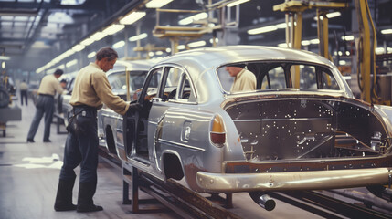 A worker checks the assembly of vintage car body panels on a factory production line