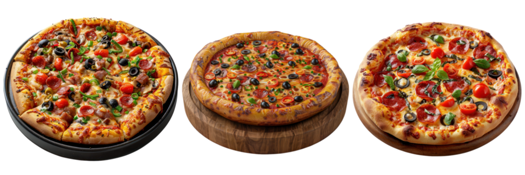 Delicious pizzas with various toppings.