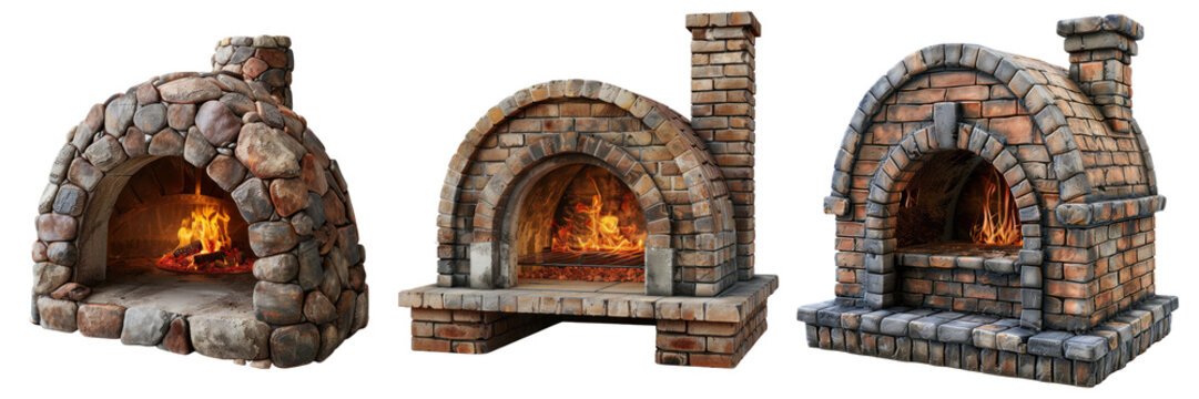 Stone fireplaces with burning flames inside.