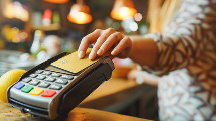 A womans hand inserts a credit card into a payment terminal at a restaurant counter