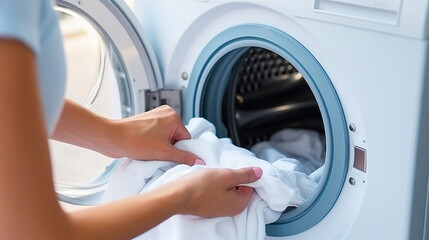A womans hands are seen inserting a white garment into the open drum of a washing machine. The washing machine is white with a blue rim around the drum