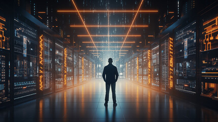 Futuristic data center with rows of illuminated servers and technician monitoring the system.