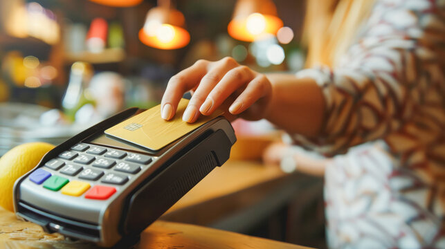 A womans hand inserts a credit card into a payment terminal at a restaurant counter