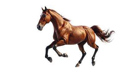 A brown horse is running on a white background