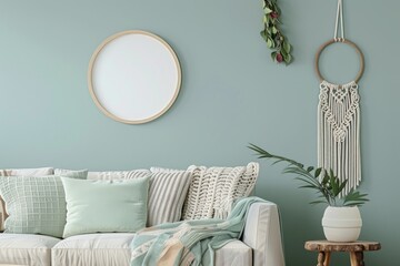 Round Frame on Seafoam Green Wall with Macrame