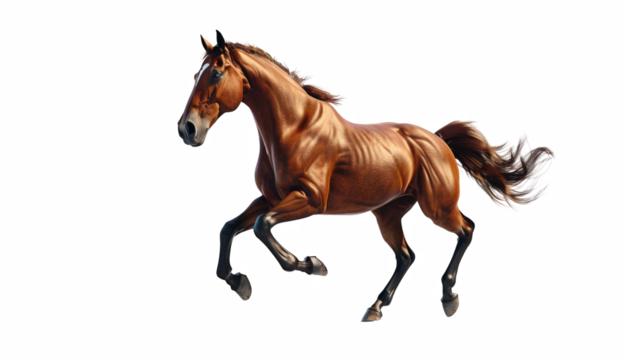 A brown horse is running on a white background