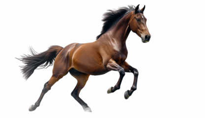 A brown horse is running on a white background