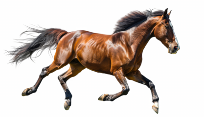 A brown horse is running on a white background
