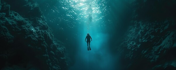A lone diver explores a dark, underwater cavern illuminated by a shaft of light.