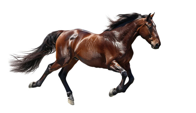 A brown horse is running on a white background
