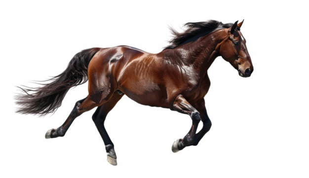 A brown horse is running on a white background
