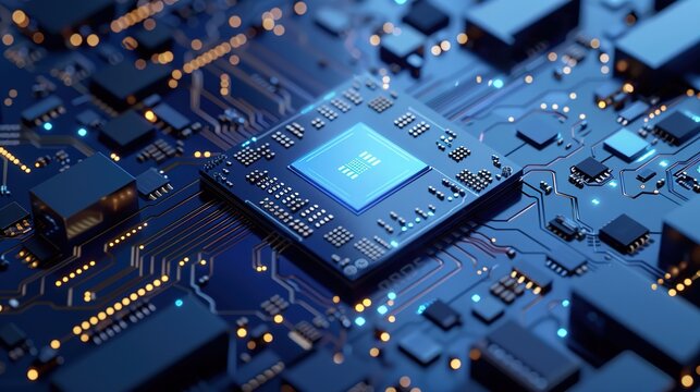 Isam Microprocessor Chip Inspired by Unreal Engine 5: Light Blue and Deep Blue, Sharp Contrasts, Rigorous Lines and Shapes, Dynamic Energy Flow