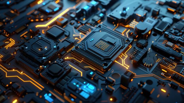 Isam Microprocessor Chip Inspired by Unreal Engine 5: Light Blue and Deep Blue, Sharp Contrasts, Rigorous Lines and Shapes, Dynamic Energy Flow