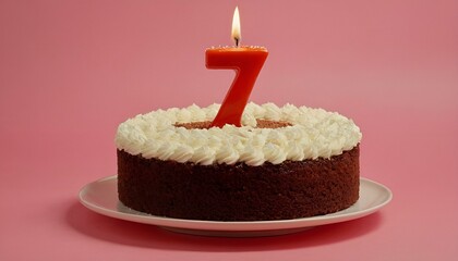 birthday cake with a number 7 candle in a solid red color background