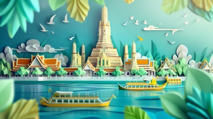 3D art paper wallpaper Bangkok, Grand Palace, Wat Arun, Thailand landmark, beautiful colors