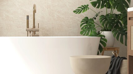 Close up of empty brown side table by white bathtub in sunlight from window on beige marble tile wall bathroom with tropical trees for luxury interior design decoration, product background 3D