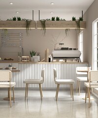 Modern, cozy beige cafe and bakery with counter, professional espresso machine, cake display, tables, chairs, window to backyard for luxury coffee shop, bistro interior design background 3D